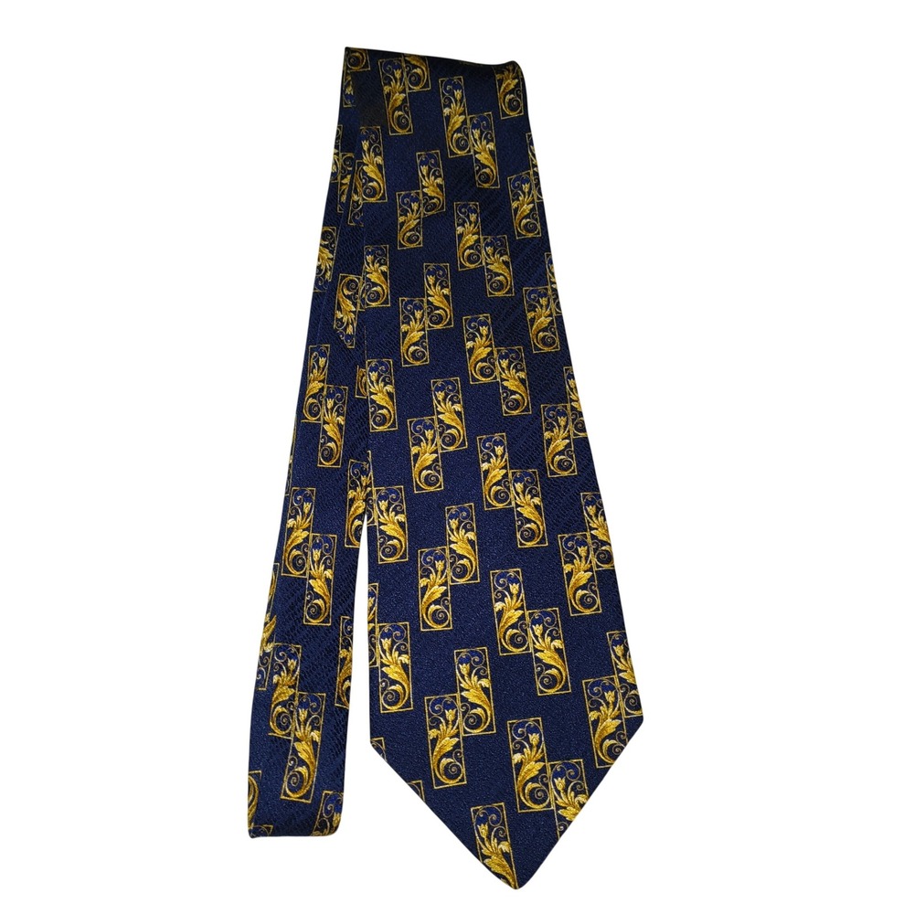 Valentino Cravatte Tie Mens Navy Gold Baroque Geometric Silk Made in Italy 55"